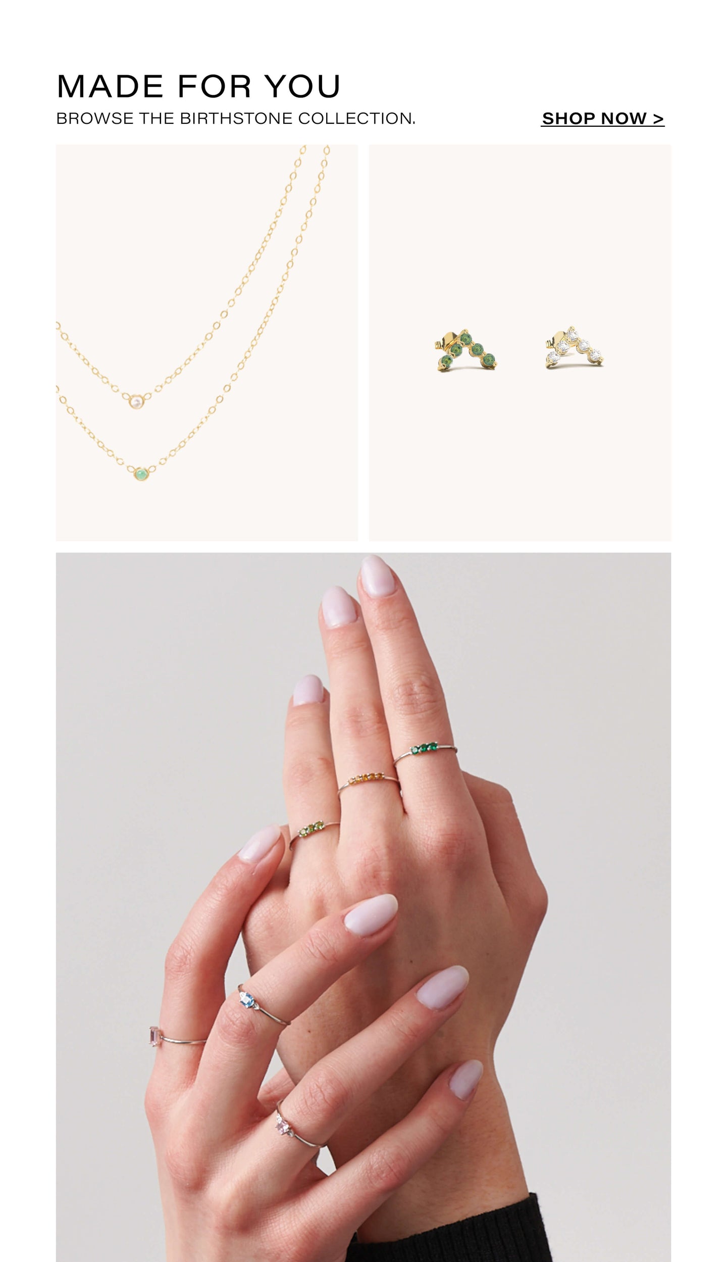 made for you birthstone collection which includes dainty rings, chevron earrings and single stone necklaces 